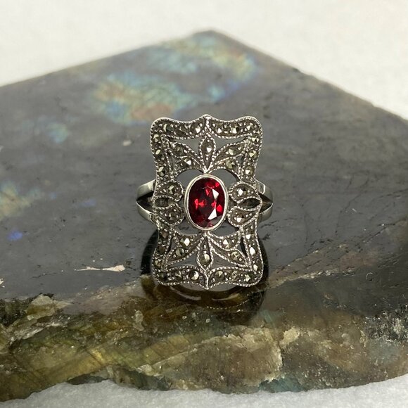 VTG Judith Jack Sterling Silver 925 Art Deco Style Oval Garnet Marcasite Ring - Picture 12 of 16
